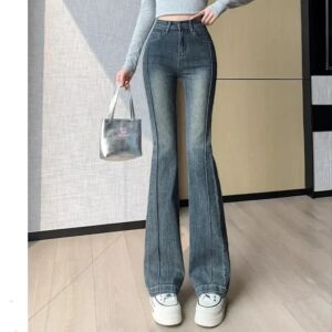 Afslankende hoge taille cementkleur Bell Bottom jeans dames lente herfst nieuwe stijl elastische paardenhoef uitlopende broek trendy - AliExpress 200000345