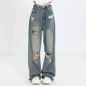 Amerikaanse Retro Gat Geperforeerde Jeans Vrouwen Hoge Taille Rechte Kruis Losse Slanke Ontwerp High-Street Vibe Wijdbeens slepen Broek - AliExpress 200000345