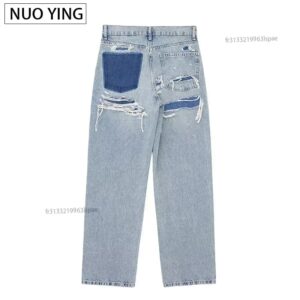 Damesmode jeans effen kleur losse broek gradiëntkleur casual streetwear broek gebroken gaten versierde jeans - AliExpress 200000345