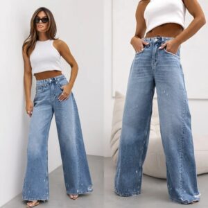 Denim jeans met hoge taille en losse wijde pijpen voor dames Denim gaten Wasjeans Casual rechte pasvorm Bootcut broek Niet-stretch 2025 - AliExpress 200000345
