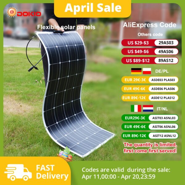 DOKIO 18V 100W/200W/400W Flexibele Zonnepanelen Waterdicht Monokristallijn Zonnepaneel Camping RV thuis Lading 12V - AliExpress 44