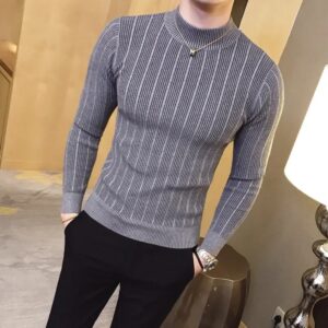 Herfst Winter Heren Trui Mode Half Coltrui Streep Slim Fit Trui Koreaanse Elastisch Breien Effen Strakke Trui 4XL-S - AliExpress 200000343