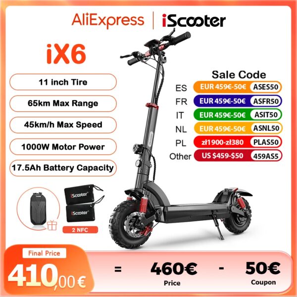 Iscooter Ix6 Elektrische Scooter 1000W 45 Km/h Krachtige Kick Scooter 17.5ah 11 Inch Anti-Slip Off-Road Band Scooters 65Km Max Bereik - AliExpress