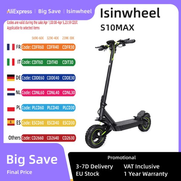 Isinwheel S10 Max Volwassen Elektrische Scooter 1000W Motor 48v15ah Batterij 10