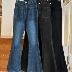 Nieuwe hoge taille broek losse gewassen jeans zakken slanke denim flare klassieke dames vintage stretch rechte broek all-match - AliExpress