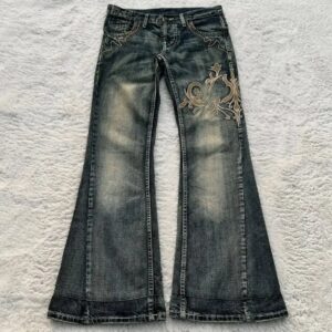Straat Harajuku Heavy Industries Retro Patroon Borduren Blauw Gewassen Jeans Dames Gepersonaliseerde Casual Splicing Flare Broek - AliExpress 200000345
