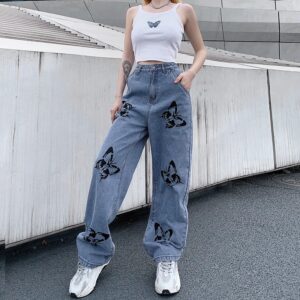 Y 2K Jeans Vrouwen Vlinderprint Rechte Denim Broek Wijde Pijpen Wijde Losse Casual Broek Streetwear - AliExpress 200000345