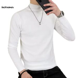 Zwart-witte gebreide herensweater met halve col en lange mouwen - AliExpress 200000343