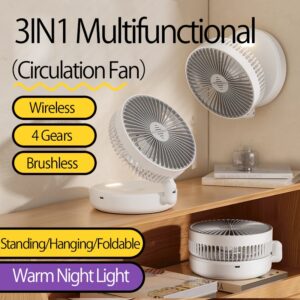 2024 Nieuwe stijl 5000 mAh kleine draagbare ventilator Oplaadbare wandgemonteerde ventilator 90 ° Opvouwbare desktopventilator met 4 versnellingen en warm nachtlampje -...