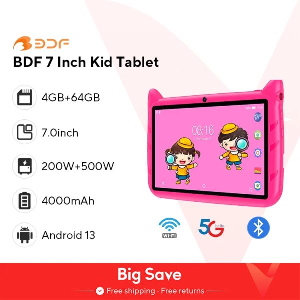 BDF 7 inch kindertablet Android 13, 4 GB RAM 64 GB ROM, 1 TB uitbreiding, 5G WiFi, 4000 MAH batterij, dubbele camera, kindercadeau kindersoftware - AliExpress 7