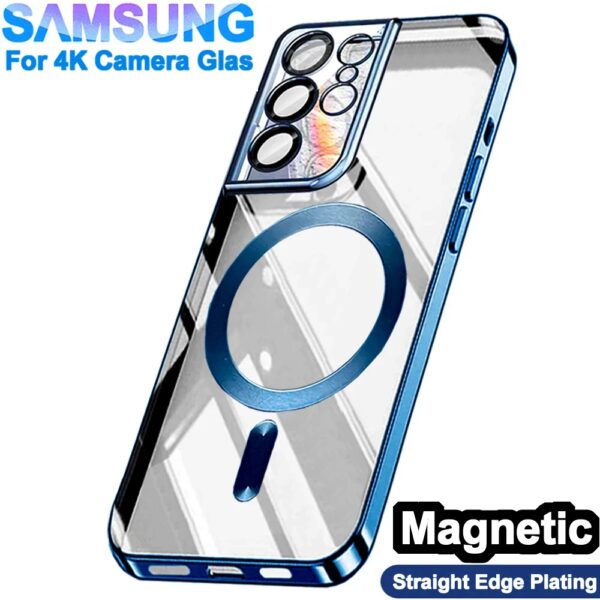 Originele Galvaniseren Met Rechte Randen Silicon Hoesjes Voor Apple Magsafe Case Samsung Galaxy S21 S23 Fe S22 Plus S24 Ultra 4K Glas Camera Bescherming Draadloos Magnetisme...