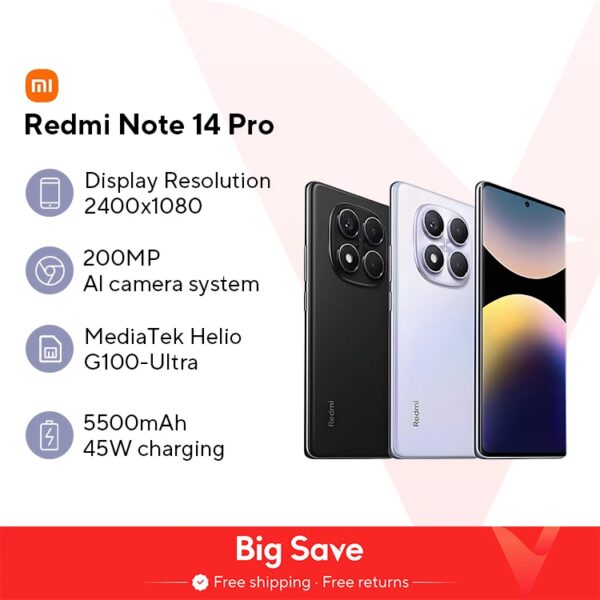 Wereldpremière Global Version Xiaomi Redmi Note 14 Pro 4G Smartphone 200MP AI Camera MediaTek Helio G100-Ultra 6.67