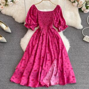 2026 Mode Nieuwe Zomer Bloemenprint Lange Jurk Vrouwen Vintage Vierkante Hals Ruches Borst Split Zonnejurk Party Vestidos - AliExpress 200000345
