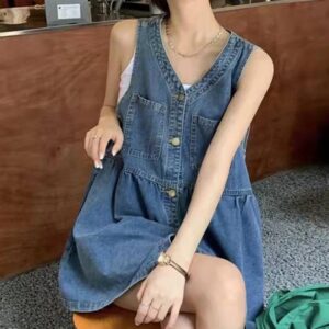 Biyaby Mouwloze Jurk Met Riem Vrouwen 2024 Zomer Enkelvoudige Borstzakken Denim Jurken Vrouw Koreaanse Stijl Losse A Line Mini-Jurk - AliExpress 200000345