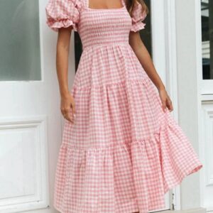 Dames Lente Zomer Stijl Jurk Dame Casual Korte Poff Mouw Vierkante Kraag Geruite Bedrukte Jurk - AliExpress 200000345