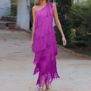 Elegante asymmetrische slanke avondjurk mode kwastje club feestjurk 2024 dame sexy diagonale kraag mouwloze tank lange jurk - AliExpress 200000345