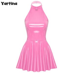 Glanzend Lakleer Glanzende Mini A-lijn Latex Jurk voor Dames Swing Rok Skater Bodycon Mini Jurk Rave Disco Party Clubwear - AliExpress 200000345